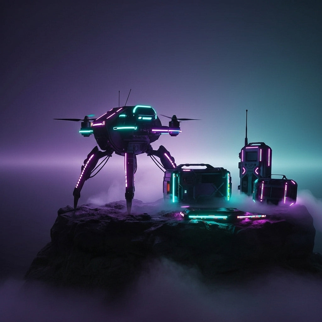 “Rugged outdoor tech gear lit with bold neon colors (cyan, magenta, deep purple). High-contrast rim lighting defines the shape. Clean minimal backdrop with gradient atmosphere, resembling a futuristic expedition photoshoot.”