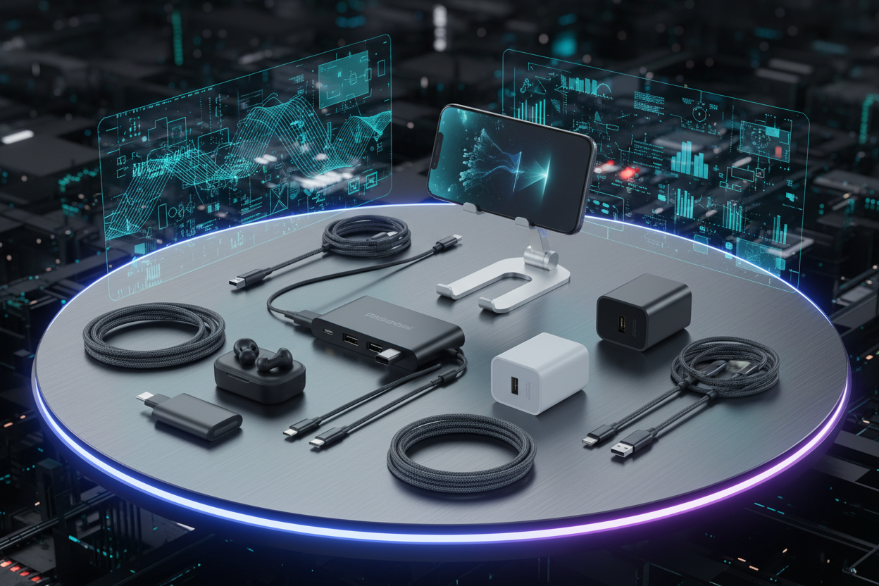 “Collection of modern tech accessories including wireless earbuds, USB-C hubs, fast chargers, phone stands, and braided cables displayed on a sleek futuristic metallic surface, neon edge lighting, holographic reflections, dark cyber-tech background, ultra-detailed, 8K clarity.”