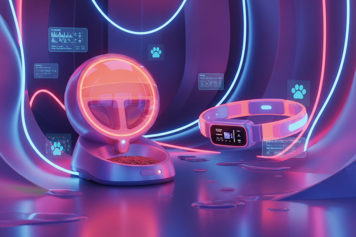 “Smart pet feeder or GPS collar showcased in a bold neon color environment. Playful blue-pink lighting bounces off the product. Smooth gradients, glossy surfaces, clean minimal aesthetic with a soft futuristic glow.”